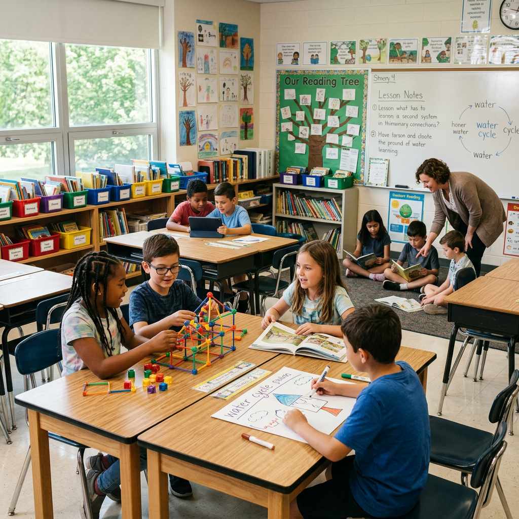 Students learning about the water cycle in a classroom with a teacher