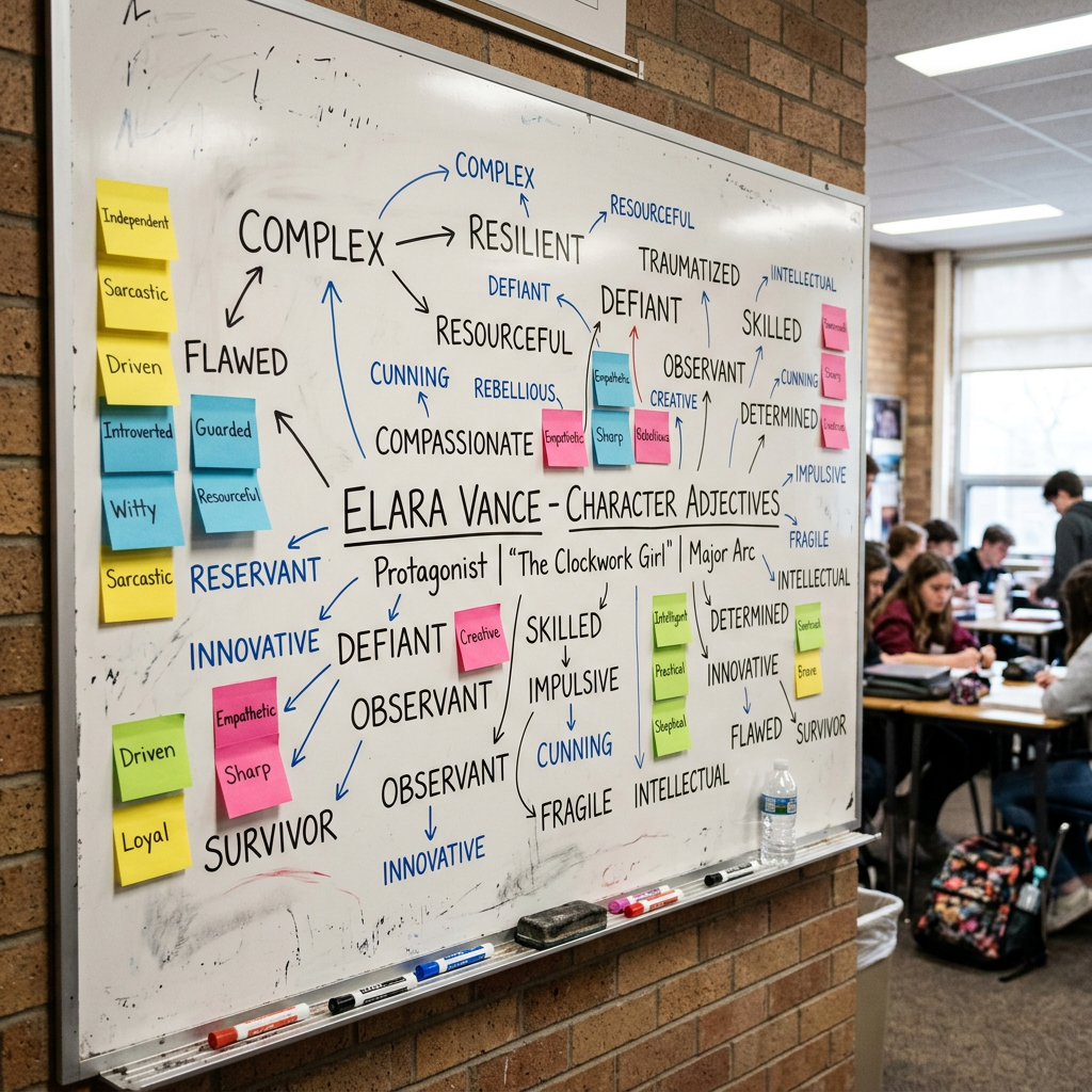 Whiteboard mapping Elara Vance character adjectives and story roles