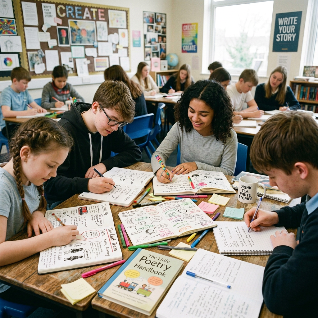 Students writing poetry together around a classroom table
