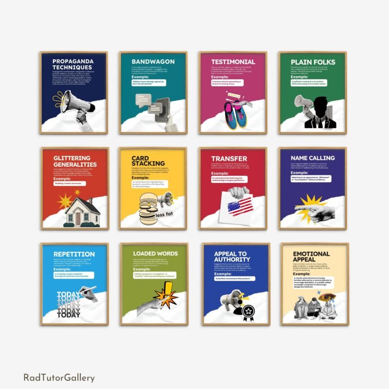 propaganda techniques, cognitive bias, critical thinking, media literacy posters